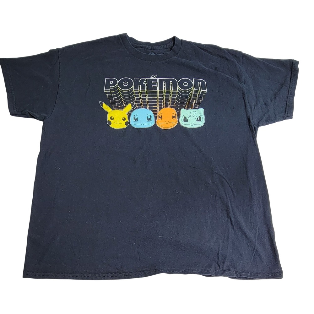 Pokemon Pikachu Squirtle Charmander Bulbasaur Black Graphic T-Shirt Mens XL